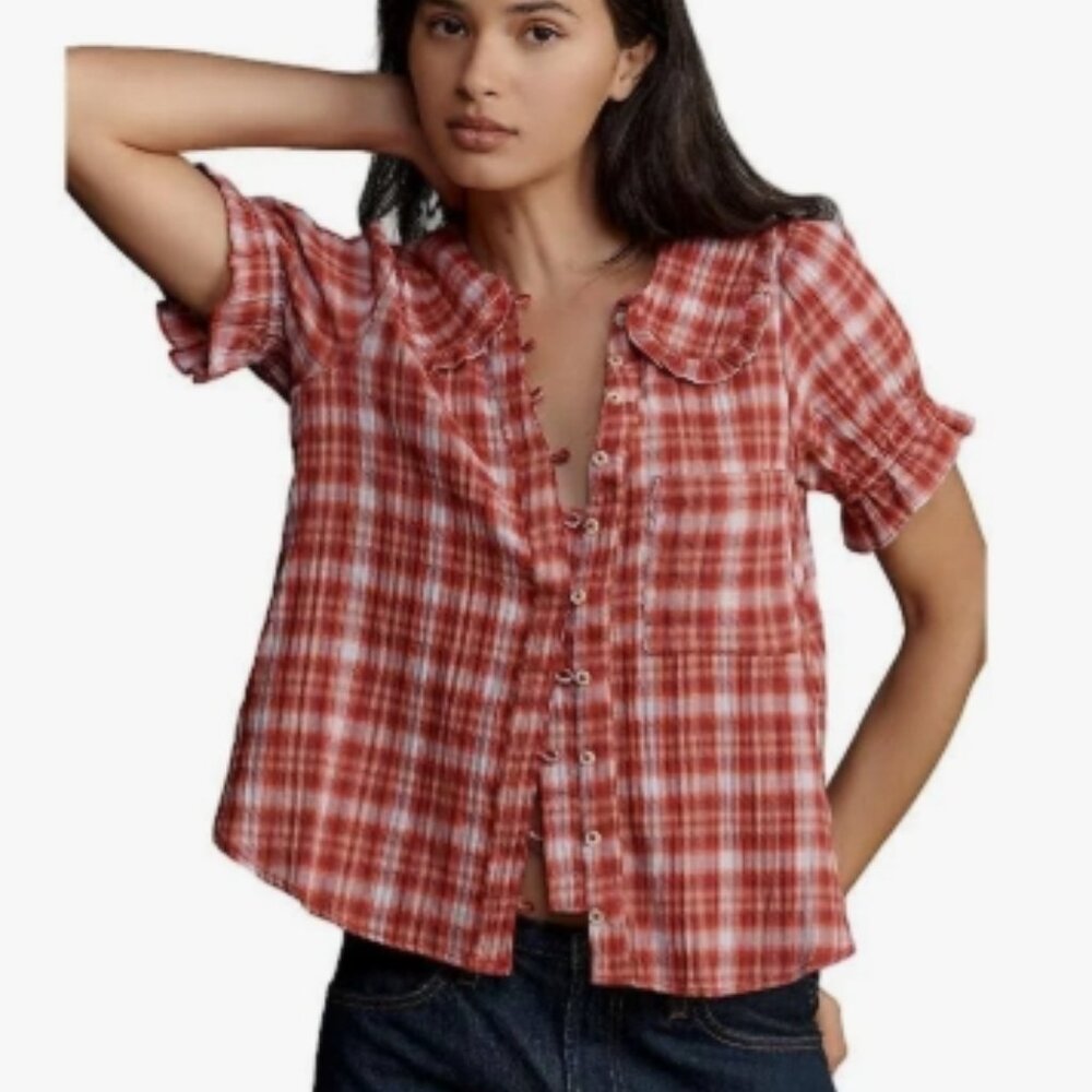 Anthropologie Pilcro The Keira Plaid Blouse - Blurred Check Berry